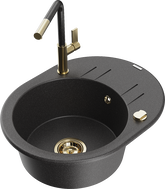 Mexen Kevin granite sink with 1 bowl, drainer, and Flora kitchen faucet, black speckled - 6517-76-670401-75-G