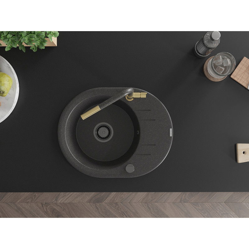 Mexen Kevin 1-bowl granite sink with drainer and Flora kitchen tap, black speckled - 6517-76-670401-75-B