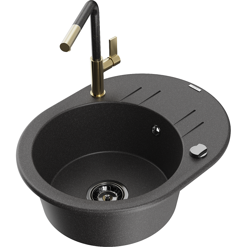 Mexen Kevin 1-bowl granite sink with drainer and Flora kitchen tap, black speckled - 6517-76-670401-75-B