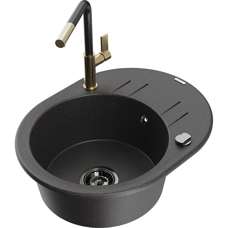 Mexen Kevin granite kitchen sink with 1 bowl, drainer, and Flora faucet, black speckled - 6517-76-670401-75-B