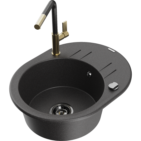 Mexen Kevin granite sink 1-bowl with drainer and kitchen faucet Flora, speckled black - 6517-76-670401-75-B