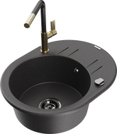 Mexen Kevin 1-bowl granite sink with drainer and Flora kitchen tap, black speckled - 6517-76-670401-75-B