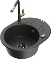 Mexen Kevin granite sink 1-bowl with drainer and kitchen faucet Flora, speckled black - 6517-76-670401-75-B