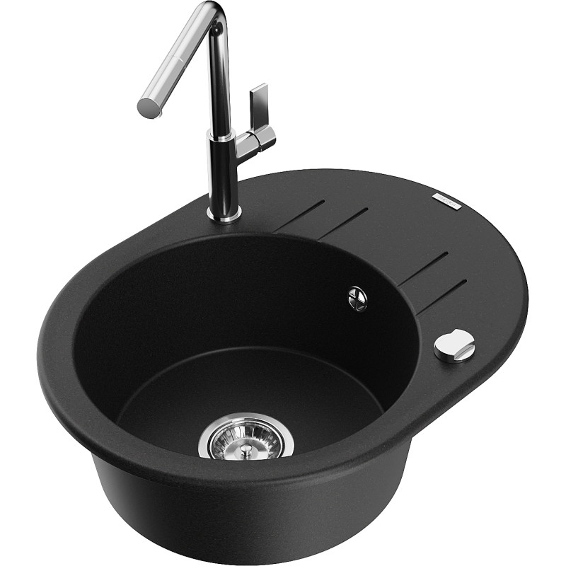 Mexen Kevin 1-bowl granite sink with drainer and Flora kitchen faucet, black - 6517-77-670401-00