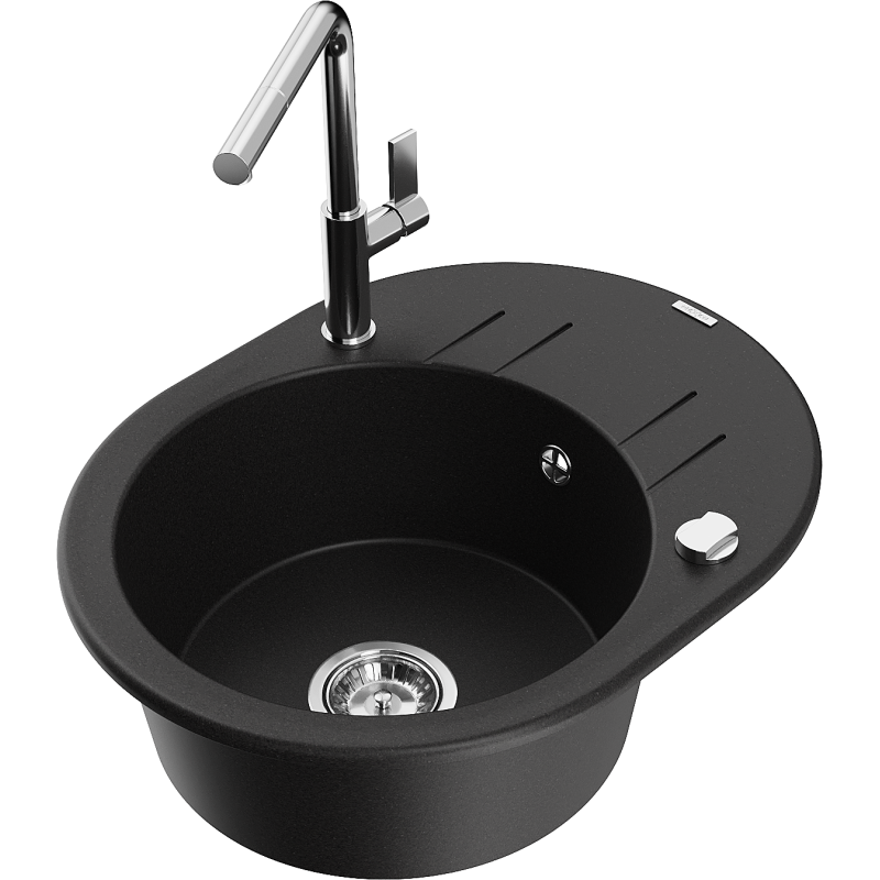Mexen Kevin 1-bowl granite sink with drainer and Flora kitchen tap, black - 6517-77-670401-00