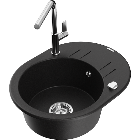 Mexen Kevin 1-bowl granite sink with drainer and Flora kitchen faucet, black - 6517-77-670401-00