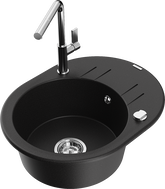 Mexen Kevin 1-bowl granite sink with drainer and Flora kitchen faucet, black - 6517-77-670401-00