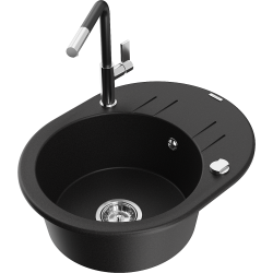 Mexen Kevin 1-compartment granite sink with a drip tray and kitchen mixer tap Flora, Black - 6517-77-670401-07