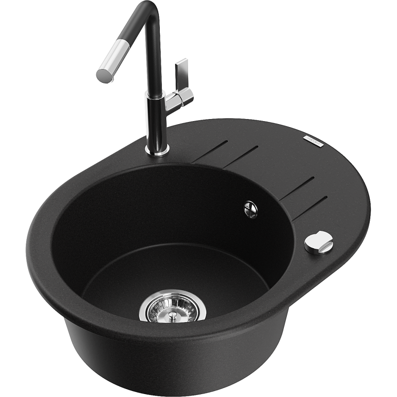 Mexen Kevin 1-bowl granite sink with drainer and Flora kitchen tap, black - 6517-77-670401-07
