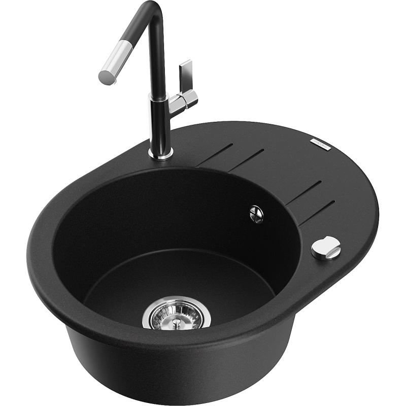 Mexen Kevin 1-compartment granite sink with a drip tray and kitchen mixer tap Flora, Black - 6517-77-670401-07