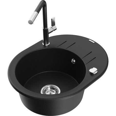 Mexen Kevin 1-bowl granite sink with drainer and Flora kitchen tap, black - 6517-77-670401-07