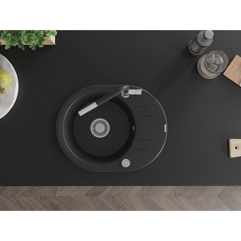 Mexen Kevin 1-bowl granite sink with drainer and Flora kitchen tap, black - 6517-77-670401-07