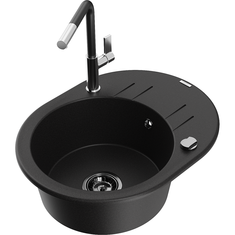 Mexen Kevin 1-compartment granite sink with a drip tray and kitchen mixer tap Flora, Black - 6517-77-670401-07-B