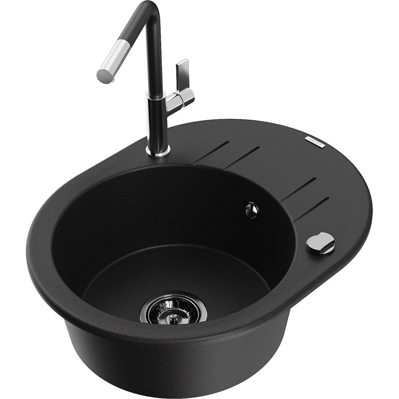 Mexen Kevin granite kitchen sink 1-bowl with drainer and Flora kitchen faucet, black - 6517-77-670401-07-B