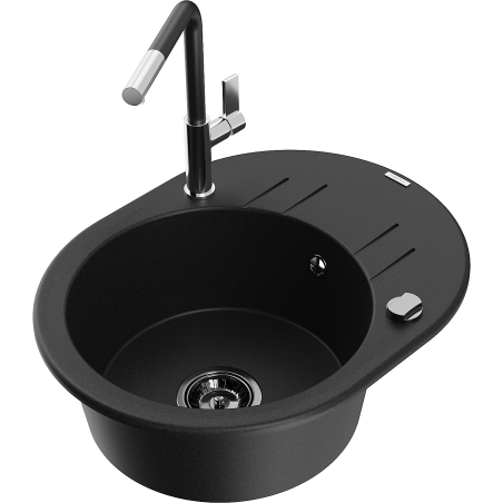 Mexen Kevin granite sink 1-bowl with drainer and Flora kitchen tap, black - 6517-77-670401-07-B