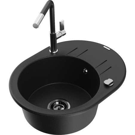 Mexen Kevin granite sink single-bowl with drainer and Flora kitchen faucet, black - 6517-77-670401-07-B