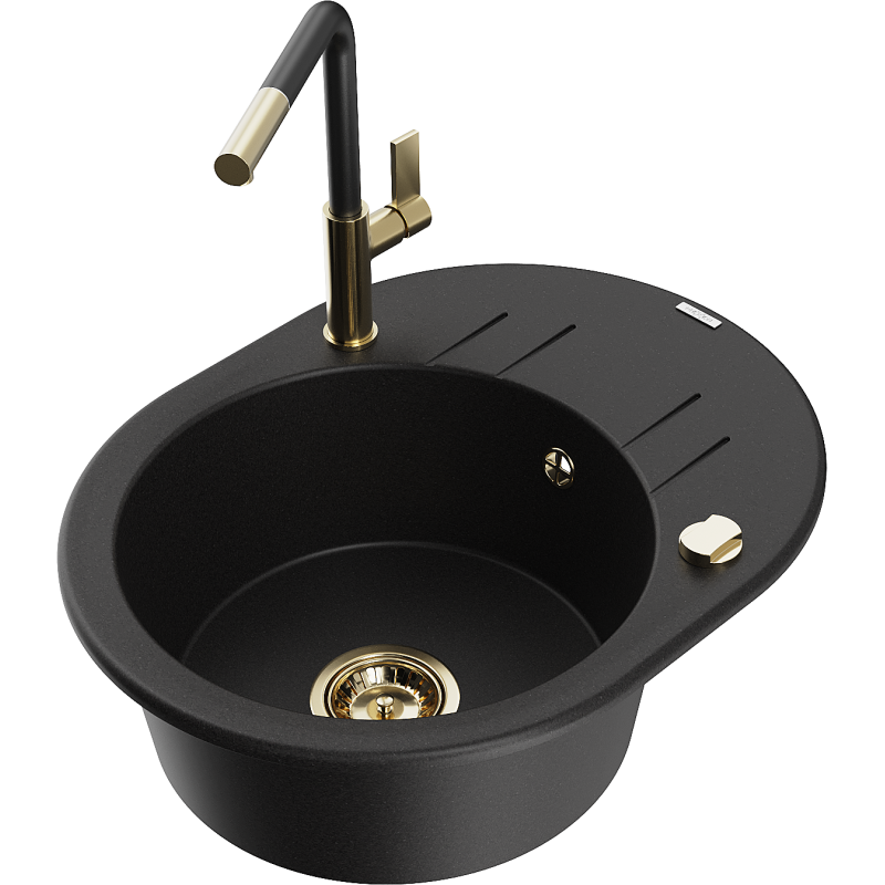 Mexen Kevin 1-bowl granite sink with drainer and Flora kitchen tap, black - 6517-77-670401-57-G