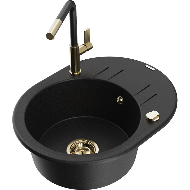 Mexen Kevin granite single-bowl sink with drainer and Flora kitchen faucet, black - 6517-77-670401-57-G