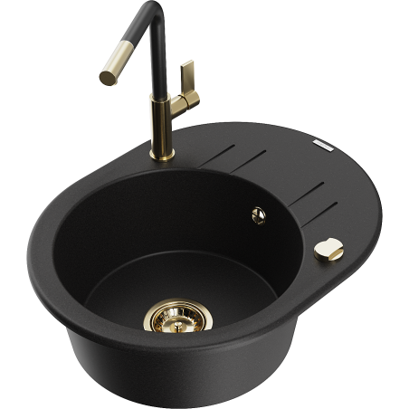 Mexen Kevin granite kitchen sink with one bowl, drainer, and Flora kitchen faucet, black - 6517-77-670401-57-G
