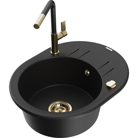 Mexen Kevin granite single-bowl sink with drainer and Flora kitchen faucet, black - 6517-77-670401-57-G