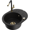 Mexen Kevin granite single-bowl sink with drainer and Flora kitchen faucet, black - 6517-77-670401-57-G