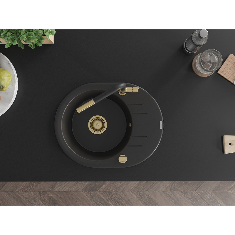 Mexen Kevin granite kitchen sink with one bowl, drainer, and Flora kitchen faucet, black - 6517-77-670401-57-G