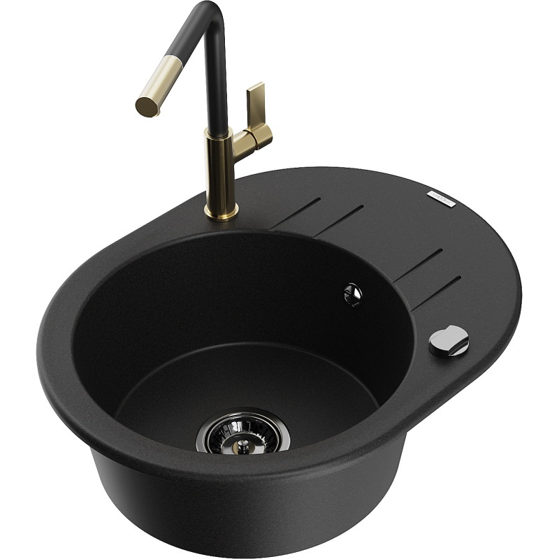 Mexen Kevin 1-bowl Granite Sink with Drainer and Flora Kitchen Faucet, Black - 6517-77-670401-57-B
