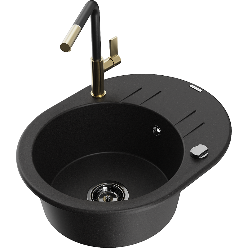 Mexen Kevin 1-compartment granite sink with a drip tray and kitchen mixer tap Flora, Black - 6517-77-670401-57-B