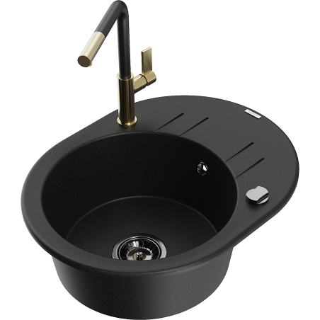 Mexen Kevin 1-bowl granite sink with drainboard and Flora kitchen faucet, black - 6517-77-670401-57-B