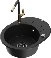 Mexen Kevin 1-bowl granite sink with drainboard and Flora kitchen faucet, black - 6517-77-670401-57-B