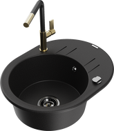 Mexen Kevin 1-compartment granite sink with a drip tray and kitchen mixer tap Flora, Black - 6517-77-670401-57-B