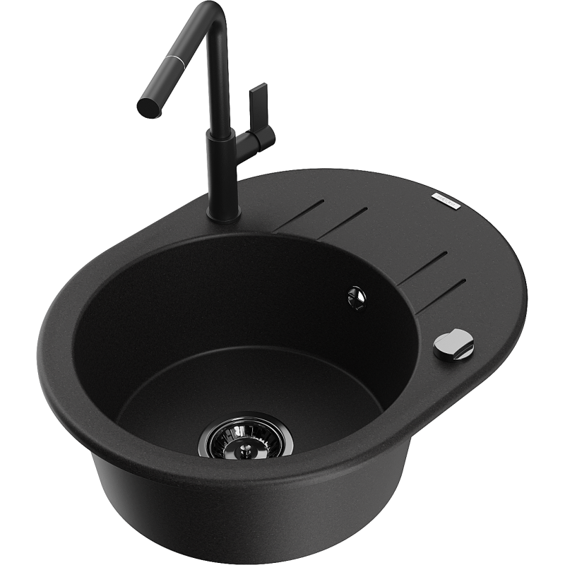 Mexen Kevin 1-bowl granite sink with drainer and Flora kitchen tap, black - 6517-77-670401-70-B
