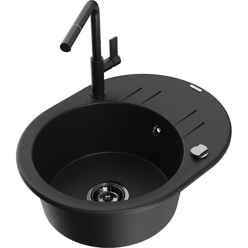 Mexen Kevin granite kitchen sink 1-bowl with drainer and Flora kitchen faucet, black - 6517-77-670401-70-B