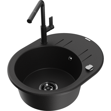 Mexen Kevin granite kitchen sink 1-bowl with drainer and kitchen faucet Flora, black - 6517-77-670401-70-B