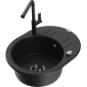 Mexen Kevin granite kitchen sink 1-bowl with drainer and Flora kitchen faucet, black - 6517-77-670401-70-B