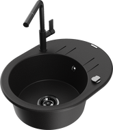 Mexen Kevin 1-bowl granite sink with drainer and Flora kitchen tap, black - 6517-77-670401-70-B
