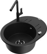 Mexen Kevin granite kitchen sink 1-bowl with drainer and kitchen faucet Flora, black - 6517-77-670401-70-B