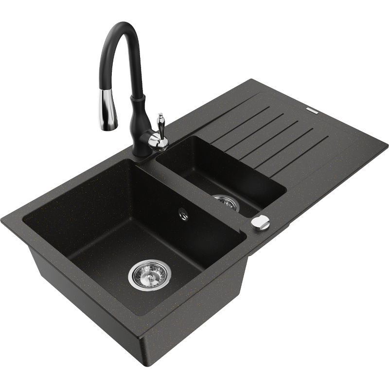 Mexen Matias granite 1.5-bowl sink with drainer and Savita kitchen faucet, black/gold - 6502-75-672601-70