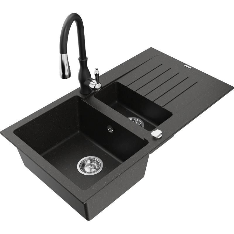 Mexen Matias granite sink 1.5-bowl with drainer and kitchen faucet Savita, black/gold - 6502-75-672601-70
