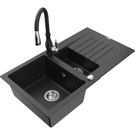 Mexen Matias granite 1.5-bowl sink with drainer and Savita kitchen faucet, black/gold - 6502-75-672601-70