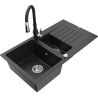 Mexen Matias granite 1.5-bowl sink with drainer and Savita kitchen faucet, black/gold - 6502-75-672601-70