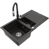 Mexen Matias granite sink 1.5-bowl with drainer and kitchen faucet Savita, black/gold - 6502-75-672601-70
