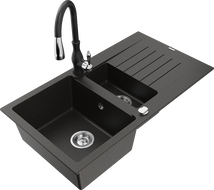 Mexen Matias 1.5-compartment granite sink with a drip tray and kitchen mixer tap Savita, Black/Gold - 6502-75-672601-70