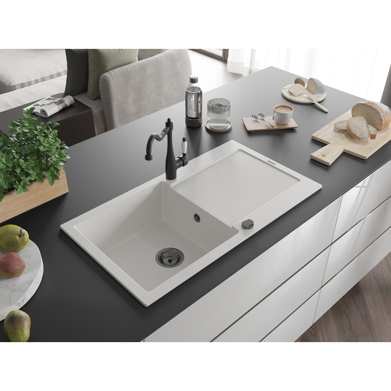 Mexen Leo 1-bowl granite sink with drainer and kitchen faucet Carla, white - 6501-20-670700-70