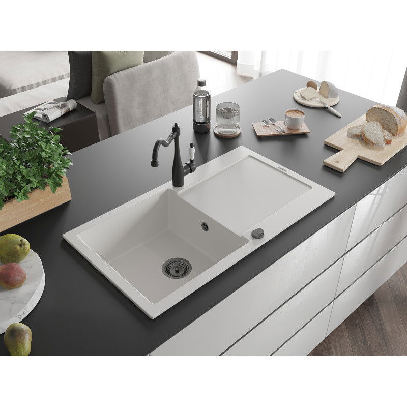 Mexen Leo granite kitchen sink single-bowl with drainer and Carla kitchen faucet, white - 6501-20-670700-70