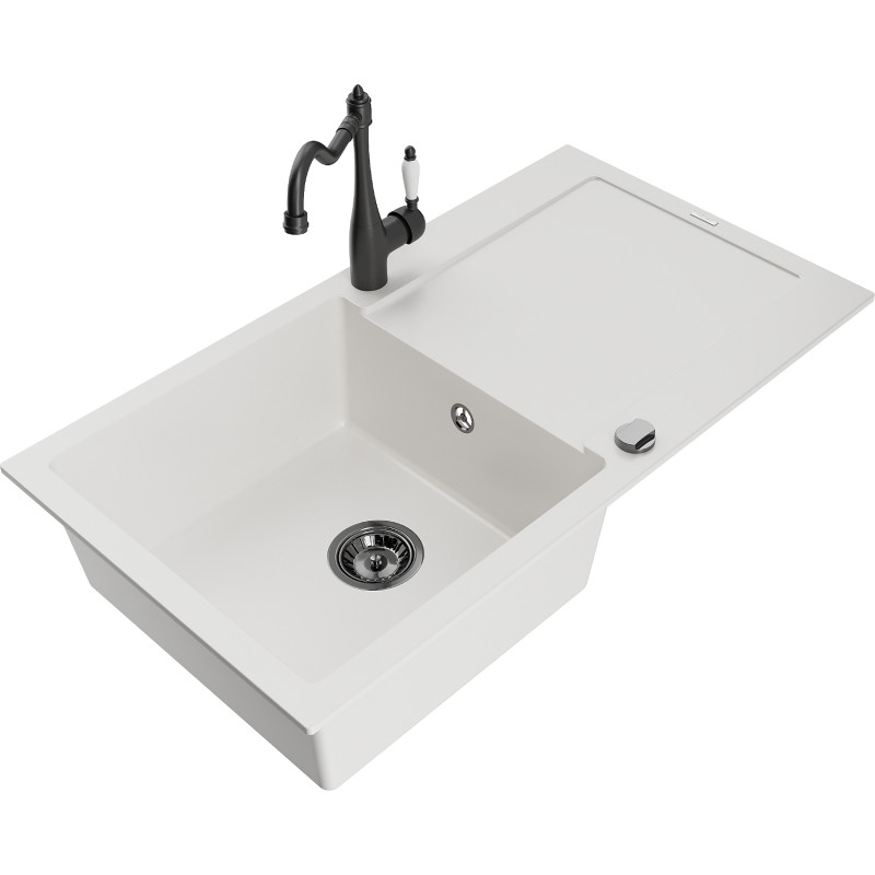 Mexen Leo 1-bowl granite sink with drainer and kitchen faucet Carla, white - 6501-20-670700-70