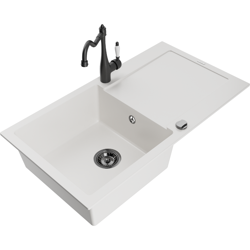 Mexen Leo granite sink 1-bowl with drainer and Carla kitchen faucet, white - 6501-20-670700-70
