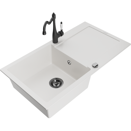 Mexen Leo granite sink 1-bowl with drainer and Carla kitchen faucet, white - 6501-20-670700-70