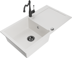 Mexen Leo 1-compartment granite sink with a drip tray and kitchen mixer tap Carla, White - 6501-20-670700-70
