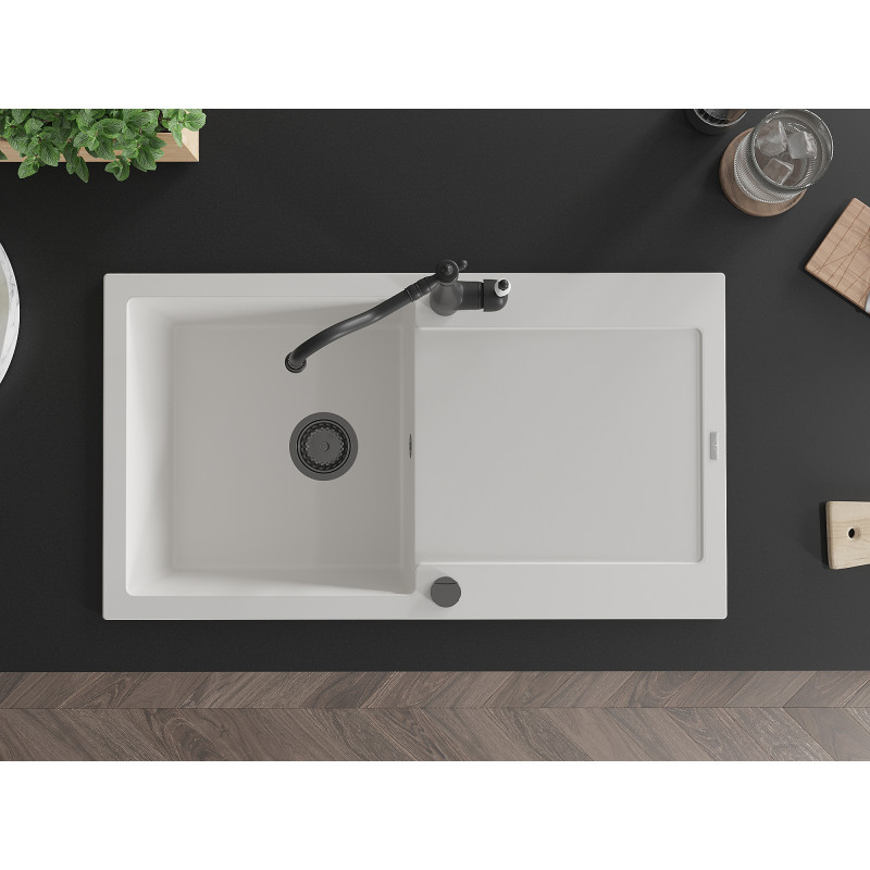 Mexen Leo granite sink 1-bowl with drainer and Carla kitchen faucet, white - 6501-20-670700-70